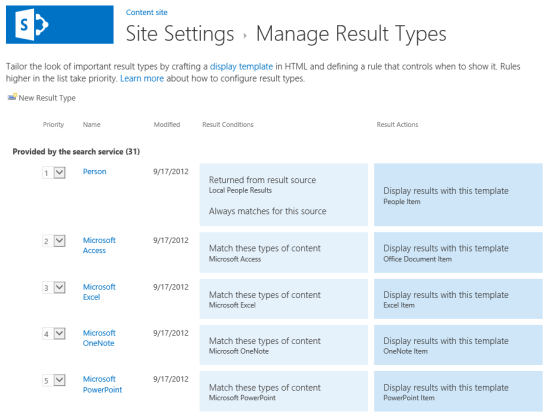 Each result type is mapped to a display template